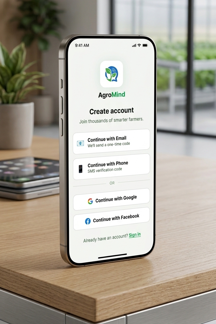AgroMind mobile app interface showing account creation and authentication options